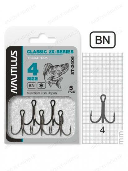 Крючок тройной Nautilus Treble 2X-series 2406BN №4 (5шт) 