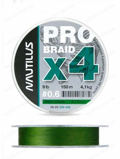 Шнур Nautilus Pro Braid X4 Army Green d-0.10 4.1кг 9lb 150м 