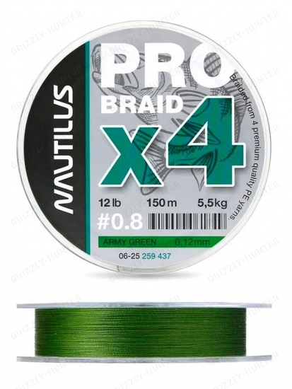 Шнур Nautilus Pro Braid X4 Army Green d-0.12 5.5кг 12lb 150м
