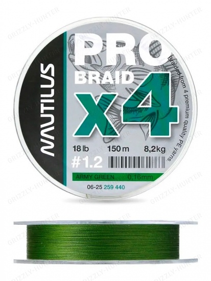 Шнур Nautilus Pro Braid X4 Army Green d-0.16 8.2кг 18lb 150м 