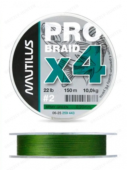 Шнур Nautilus Pro Braid X4 Army Green d-0.20 10.0кг 22lb 150м