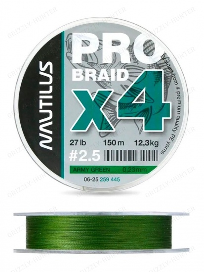 Шнур Nautilus Pro Braid X4 Army Green d-0.23 12.3кг 27lb 150м