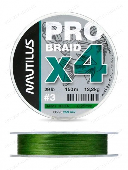 Шнур Nautilus Pro Braid X4 Army Green d-0.25 13.2кг 29lb 150м