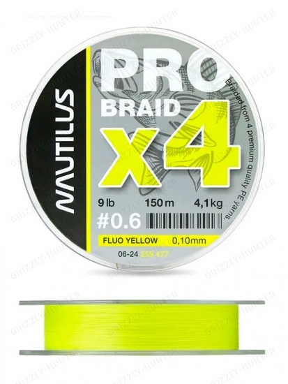 Шнур Nautilus Pro Braid X4 Fluo Yellow d-0.10 4.1кг 9lb 150м
